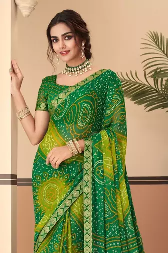Green bandhani chiffon traditional dual shaded saree with blouse