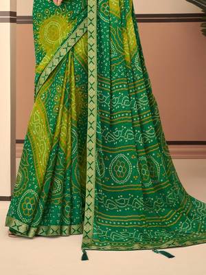Green bandhani chiffon traditional dual shaded saree with blouse 3