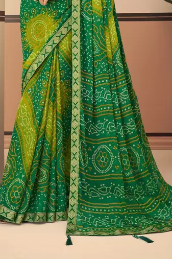 Green bandhani chiffon traditional dual shaded saree with blouse