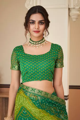 Green bandhani chiffon traditional dual shaded saree with blouse