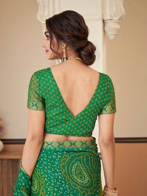 Green bandhani chiffon traditional dual shaded saree with blouse 5