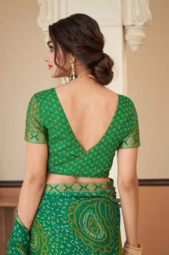 Green bandhani chiffon traditional dual shaded saree with blouse