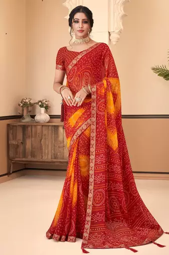 Maroon bandhani chiffon traditional dual shaded saree with blouse