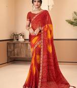 Maroon bandhani chiffon traditional dual shaded saree with blouse