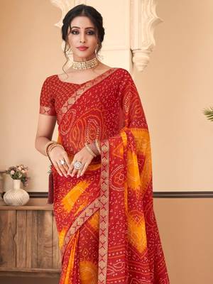 Maroon bandhani chiffon traditional dual shaded saree with blouse 2
