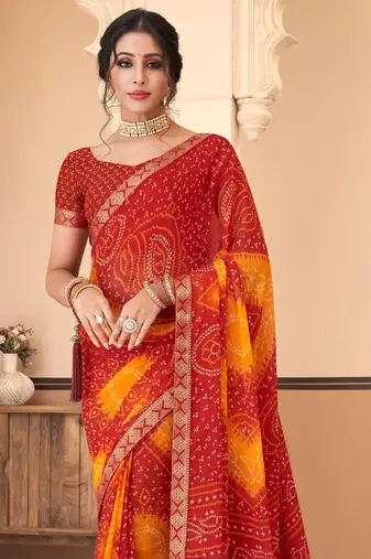 Maroon bandhani chiffon traditional dual shaded saree with blouse