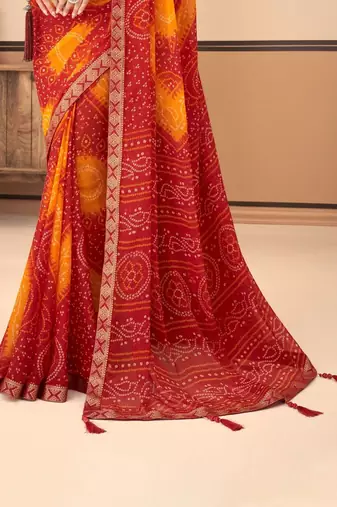 Maroon bandhani chiffon traditional dual shaded saree with blouse