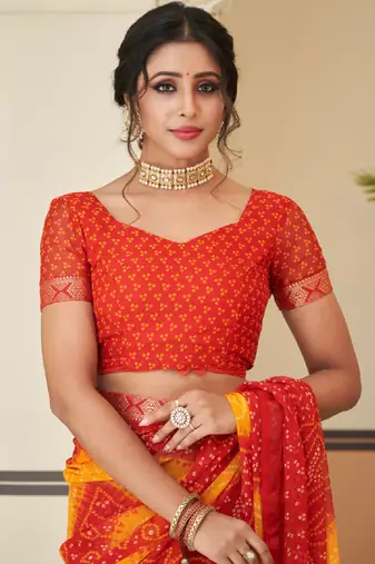 Maroon bandhani chiffon traditional dual shaded saree with blouse