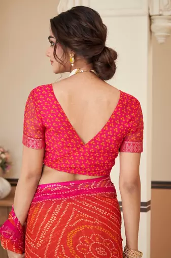Maroon bandhani chiffon traditional dual shaded saree with blouse
