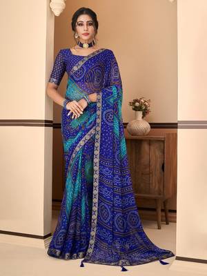 Royal blue bandhani chiffon traditional dual shaded saree with blouse 1