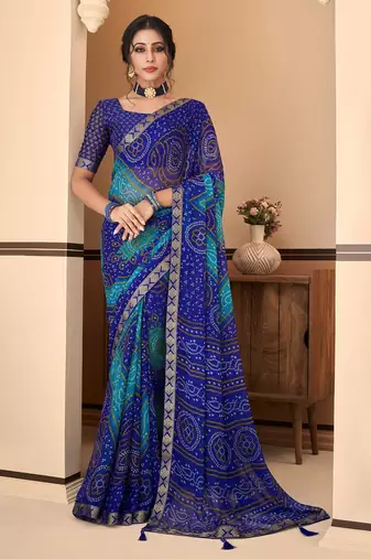 Royal blue bandhani chiffon traditional dual shaded saree with blouse