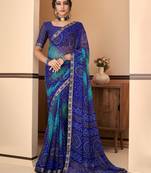 Royal blue bandhani chiffon traditional dual shaded saree with blouse