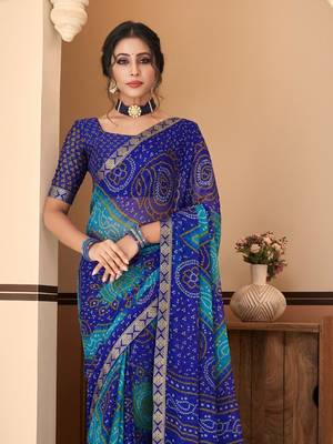 Royal blue bandhani chiffon traditional dual shaded saree with blouse 2