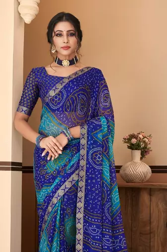 Royal blue bandhani chiffon traditional dual shaded saree with blouse