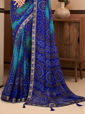 Royal blue bandhani chiffon traditional dual shaded saree with blouse 3