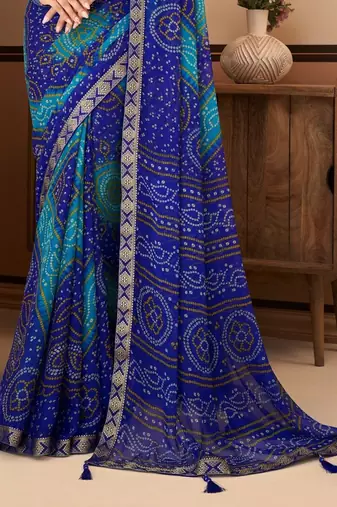 Royal blue bandhani chiffon traditional dual shaded saree with blouse