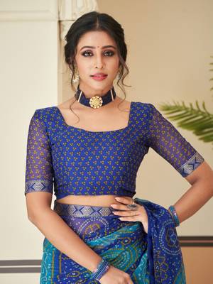 Royal blue bandhani chiffon traditional dual shaded saree with blouse 4