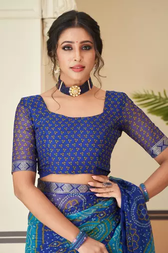 Royal blue bandhani chiffon traditional dual shaded saree with blouse