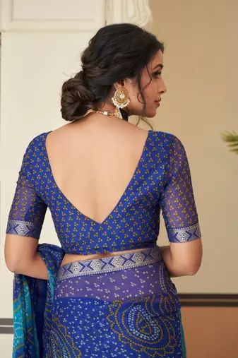 Royal blue bandhani chiffon traditional dual shaded saree with blouse