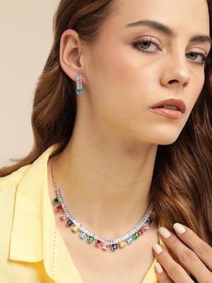 rhodium plated multicolor color crystal ad gemstone-studded jewelry set 1