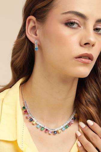 rhodium plated multicolor color crystal ad gemstone-studded jewelry set