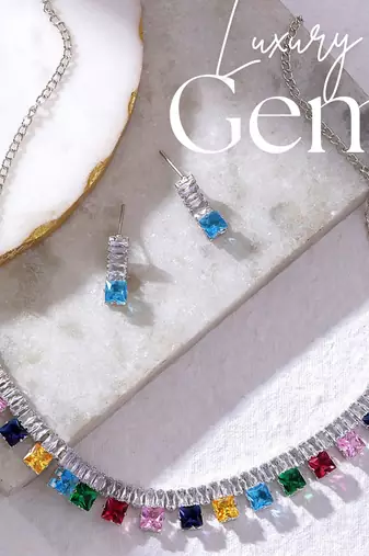 rhodium plated multicolor color crystal ad gemstone-studded jewelry set