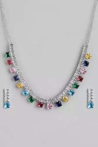 rhodium plated multicolor color crystal ad gemstone-studded jewelry set