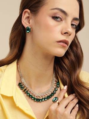 18 k gold plated dark green color crystal ad gemstone-studded jewelry set 1