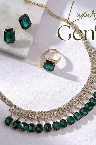 18 k gold plated dark green color crystal ad gemstone-studded jewelry set