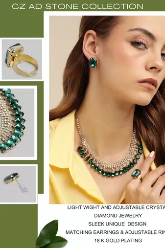 18 k gold plated dark green color crystal ad gemstone-studded jewelry set