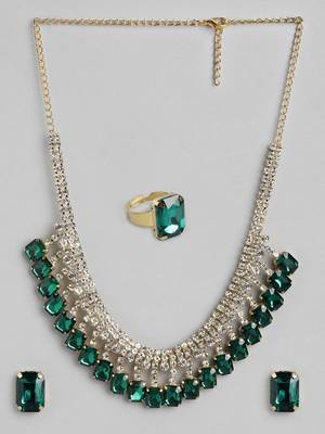 18 k gold plated dark green color crystal ad gemstone-studded jewelry set 5