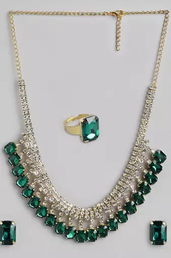 18 k gold plated dark green color crystal ad gemstone-studded jewelry set
