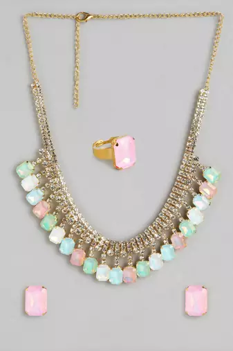 rhodium plated light multi color crystal ad gemstone-studded jewelry set