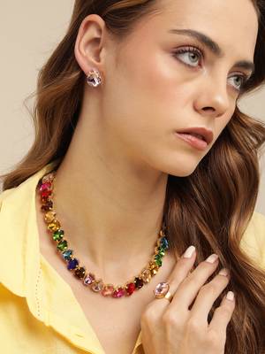 18 k gold plated dark multi color crystal ad gemstone-studded jewelry set 1