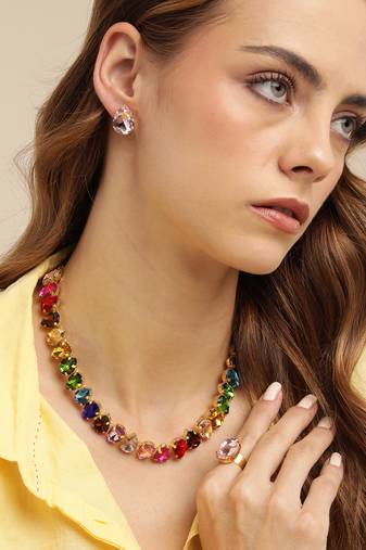 18 k gold plated dark multi color crystal ad gemstone-studded jewelry set