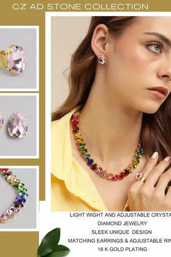 18 k gold plated dark multi color crystal ad gemstone-studded jewelry set