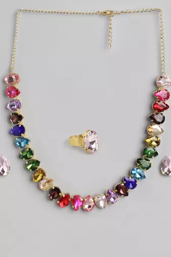 18 k gold plated dark multi color crystal ad gemstone-studded jewelry set