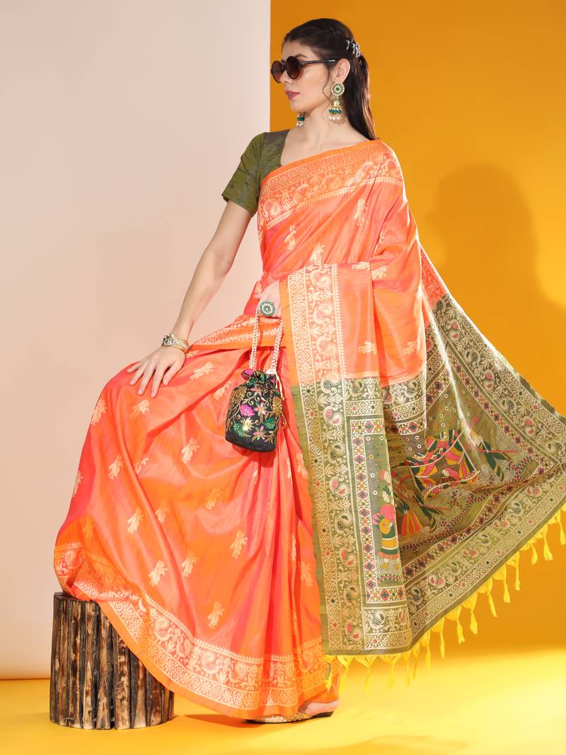 Orange banarasi style silk bland contrust Pallu saree & Blouse