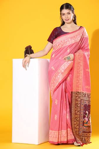 Pink banarasi style silk bland contrust Pallu saree & Blouse