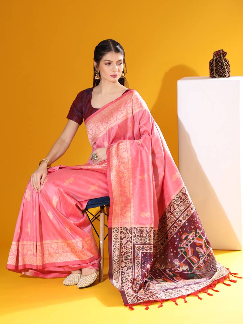 Pink banarasi style silk bland contrust Pallu saree & Blouse