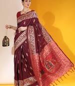 Wine banarasi style silk bland contrust Pallu saree & Blouse