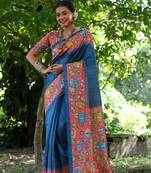 Blue Treaditional Kalamkari design Lotus border printed work saree with Blouse 