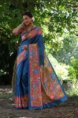 Blue Treaditional Kalamkari design Lotus border printed work saree with Blouse  2