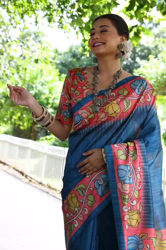 Blue Treaditional Kalamkari design Lotus border printed work saree with Blouse 