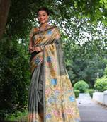 Mahendi Treaditional Kalamkari design Lotus border printed work saree with Blouse 