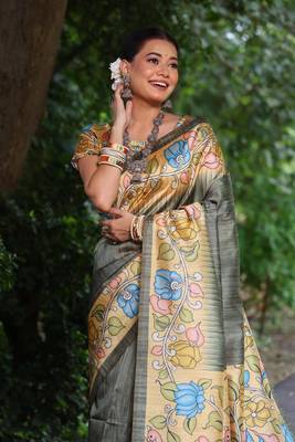 Mahendi Treaditional Kalamkari design Lotus border printed work saree with Blouse  2