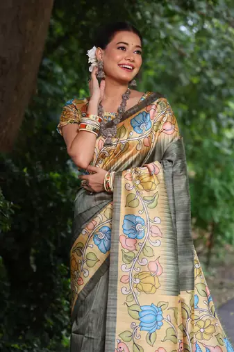 Mahendi Treaditional Kalamkari design Lotus border printed work saree with Blouse 