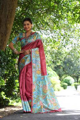 Red Treaditional Kalamkari design Lotus border printed work saree with Blouse  1