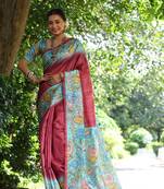 Red Treaditional Kalamkari design Lotus border printed work saree with Blouse 