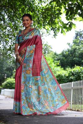 Red Treaditional Kalamkari design Lotus border printed work saree with Blouse  2